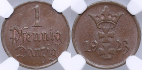 Danzig - Free City, Poland 1 pfennig 1923 - NGC MS 66 BN
TOP POP. The highest graded piece at NGC. Beautiful lustrous brown color specimen.