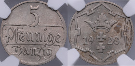 Danzig - Free City, Poland 5 pfennig 1928 - NGC MS 62
An attractive specimen with mint luster. KM 142.