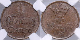 Danzig - Free City, Poland 1 pfennig 1937 - NGC MS 64 BN
An attractive brown color toning specimen with mint luster. KM 140.