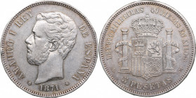 Spain 5 pesetas 1871
24.84 g. XF/AU Mint luster. KM 666.