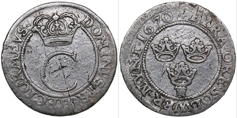 Sweden 4 öre 1670 - Karl XI (1660-1697)
3.55g. VF-/VF SM 193b.