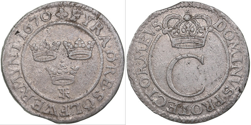 Sweden 5 öre 1670 - Karl XI (1660-1697)
4.09g. XF/XF Mint luster.