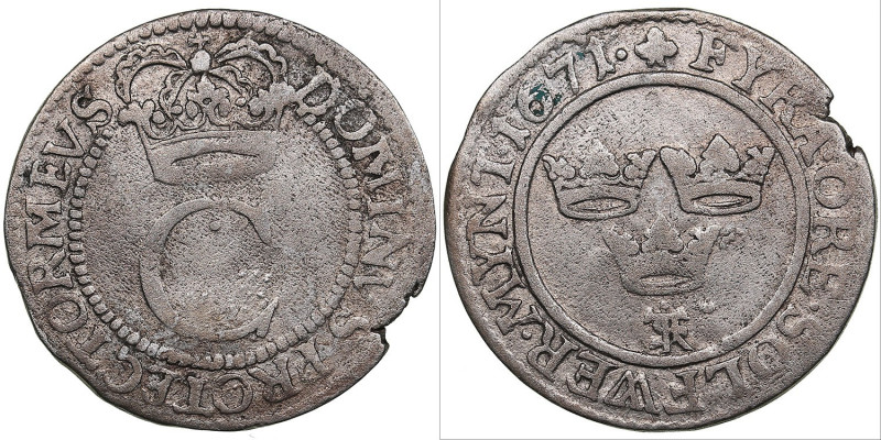 Sweden 4 öre 1671 - Karl XI (1660-1697)
3.01g. VF/VF SM 194.