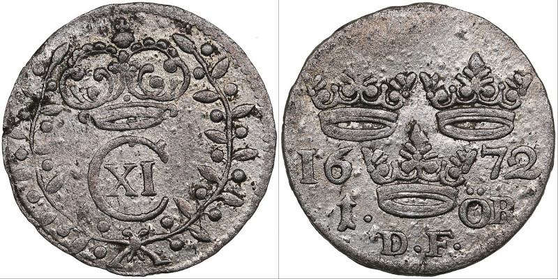 Sweden 1 öre 1672 - Karl XI (1660-1697)
1.26g. VF/VF Mint luster. SM 229 var.