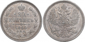 Russia 20 kopecks 1860 СПБ-ФБ
3.96g. AU/AU Mint luster. Bitkin 171. The tail of the eagle is wider, the bow is wider.