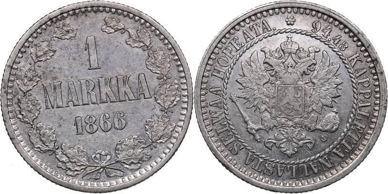 Russia, Finland 1 markka 1866 S
5.12g. XF+/XF Mint luster. Rare condition. Bitki...