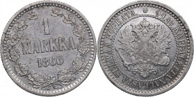 Russia, Finland 1 markka 1866 S
5.12g. XF+/XF Mint luster. Rare condition. Bitkin 626.