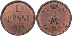 Russia, Finland 1 pennia 1874
1.25g. UNC/UNC Mint luster. Bitkin 673.