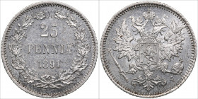 Russia, Finland 25 pennia 1891 L
1.29g. AU/AU PROOFLIKE. Mint luster. Rare condition! Bitkin 240.