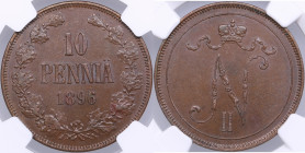 Russia, Finland 10 pennia 1896 - NGC MS 62 BN
Nice brown color toning specimen. Only ten specimens have been certified finer by NGC. Bitkin 424.
