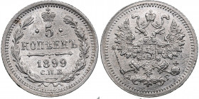 Russia 5 kopecks 1899 СПБ-АГ
0.95g. AU/UNC Mint luster. Bitkin 173.
