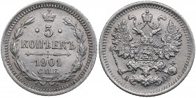 Russia 5 kopecks 1901 СПБ-АР
0.89g. AU/AU Mint luster. Bitkin 177 R. Rare!