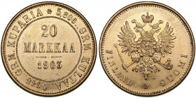 Russia, Finland 20 markkaa 1903 L
6.44g. XF/XF+ Mint luster. Bitkin 385.