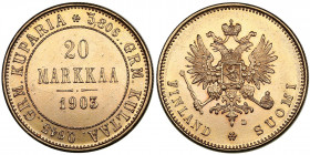 Russia, Finland 20 markkaa 1903 L
6.44g. AU/AU Very attractive lustrous specimen close to prooflike. Bitkin 385.