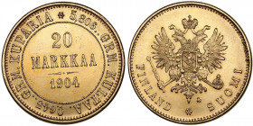 Russia, Finland 20 markkaa 1904 L
6.43g. AU/AU Very attractive lustrous specimen close to prooflike. Bitkin 386.