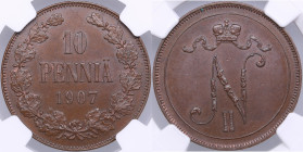 Russia, Finland 10 pennia 1907 - NGC MS 64 BN
Very attractive "chocolate" brown color toning specimen. Only one specimen have been certified finer by ...