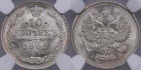 Russia 10 kopecks 1909 СПБ-ЭБ - NGC MS 65
Magnificent fully lustrous very elegant specimen. Rare condition for this date. Bitkin 161.