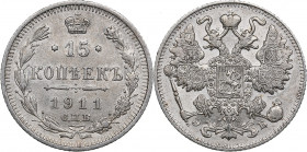 Russia 15 kopecks 1911 СПБ-ЭБ
2.56g. XF/AU Mint luster. Bitkin 136.