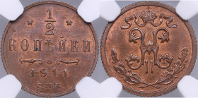 Russia 1/2 kopecks 1911 СПБ - NGC MS 64 RB
Very attractive red-brown color toning lustrous specimen. Bitkin 271.