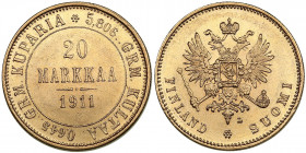 Russia, Finland 20 markkaa 1911 L
6.44g. AU/AU Very attractive lustrous specimen. Bitkin 388.