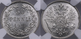 Russia, Finland 50 pennia 1911 S - NGC MS 66
An extraordinarily lustrous specimen. Very beautiful coin. Bitkin 404.