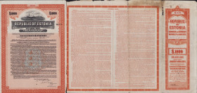 Estonia $1000 Bond, 7%, 1927 - Uncancelled
Very rare! Uncancelled, with 54 coupons worth 1890,- USD.