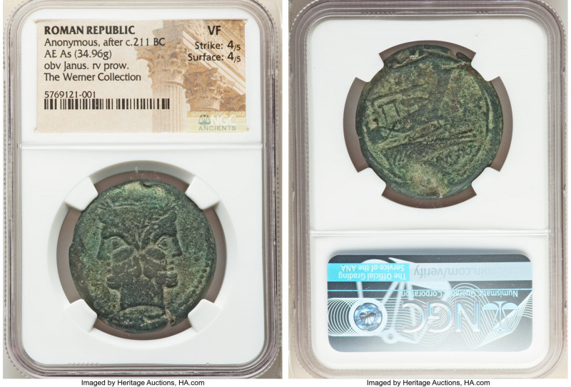 Anonymous. After 211 BC. AE as (33mm, 34.96 gm, 5h). NGC VF 4/5 - 4/5. Bearded h...