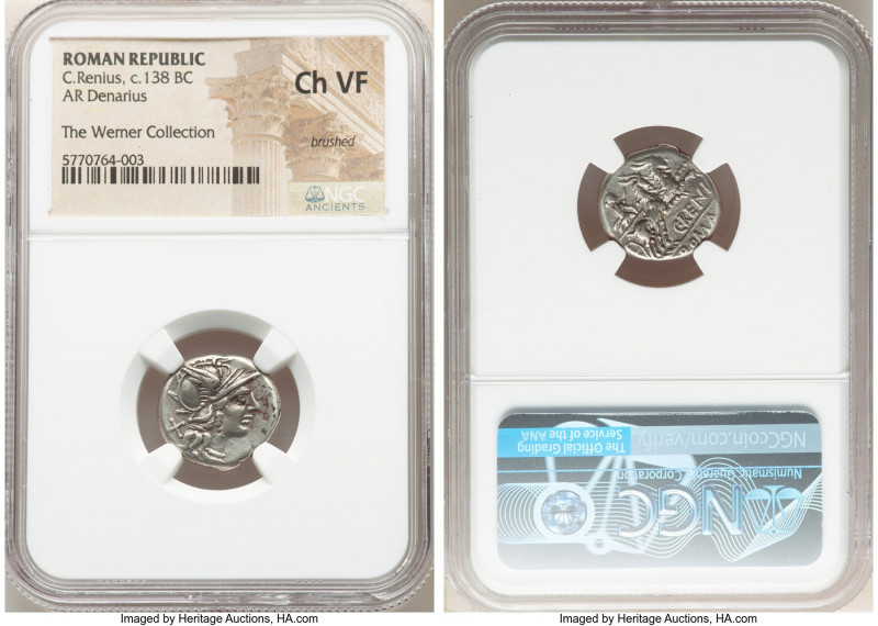 C. Renius (138 BC). AR denarius (17mm, 4h). NGC Choice VF, brushed. Rome. Head o...