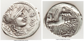 Q. Curtius & M. Silanus (ca. 116-115 BC). AR denarius (22mm, 3.87 gm, 6h). VF, fragile edge. Rome. Q•CVRT, head of Roma right, wearing winged helmet d...
