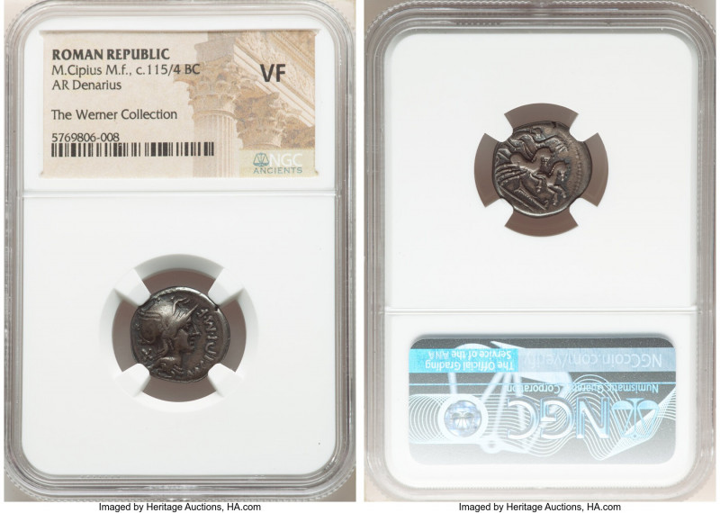 M. Cipius M. f. (ca. 115-114 BC). AR denarius (17mm, 7h). NGC VF. Rome. M•CIPI•M...
