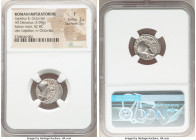 Lepidus, as Pontifex Maximus and Triumvir (43-36 BC), with Octavian, as Imperator and Triumvir. AR denarius (17mm, 3.90 gm, 5h). NGC Fine 2/5 - 5/5. M...