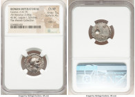 C. Cassius Longinus, Imperator and Assassin of Caesar (44-42 BC). AR denarius (18mm, 3.86 gm, 6h). NGC Choice XF 5/5 - 4/5, edge cut. Military mint tr...