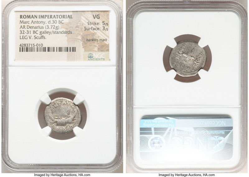 Marc Antony, as Triumvir and Imperator (43-30 BC). AR denarius (18mm, 3.72 gm, 7...