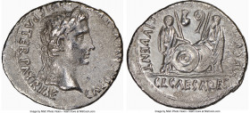 Augustus (27 BC-AD 14). AR denarius (20mm, 3.58 gm, 7h). NGC AU 4/5 - 2/5. Lugdunum, 2 BC-AD 4. CAESAR AVGVSTVS-DIVI F PATER PATRIAE, laureate head of...