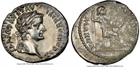 Tiberius (AD 14-37). AR denarius (20mm, 7h). NGC VF. Lugdunum. TI CAESAR DIVI-AVG F AVGVSTVS, laureate head of Tiberius right / PONTIF-MAXIM, Livia (a...