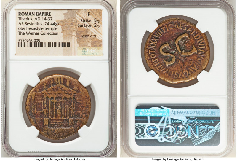 Tiberius (AD 14-37). AE sestertius (34mm, 24.44 gm, 5h). NGC Fine 5/5 - 2/5, edg...