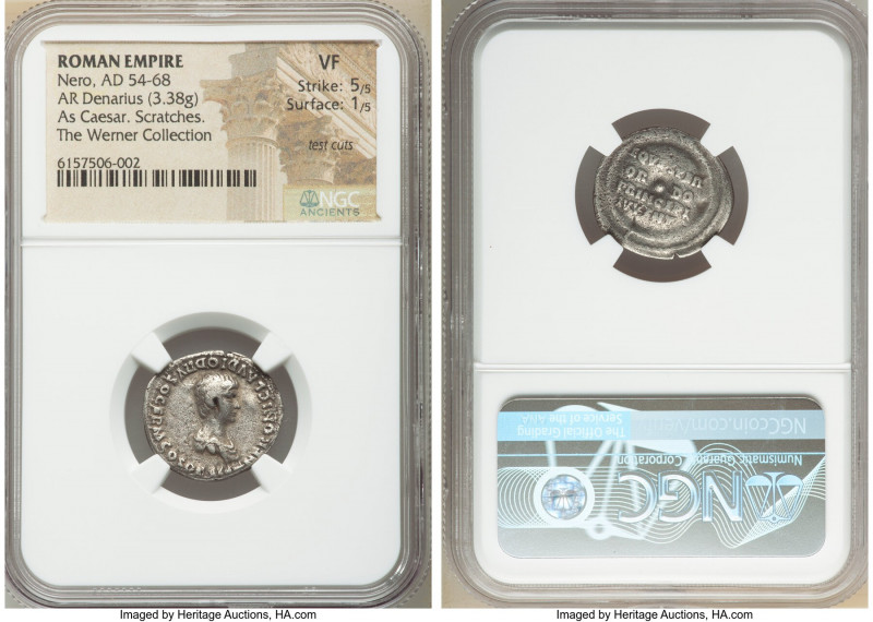 Nero, as Caesar (AD 54-68). AR denarius (19mm, 3.38 gm, 7h). NGC VF 5/5 - 1/5, t...