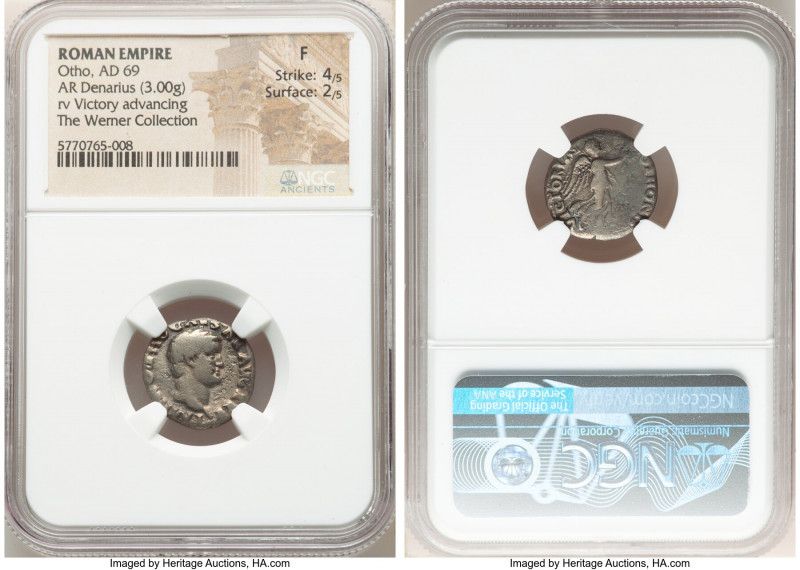 Otho (January-April AD 69). AR denarius (17mm, 3.00 gm, 6h). NGC Fine 4/5 - 2/5....