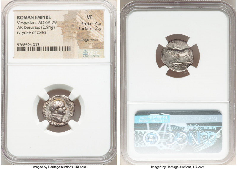 Vespasian (AD 69-79). AR denarius (17mm, 2.84 gm, 6h). NGC VF 4/5 - 2/5, edge ma...