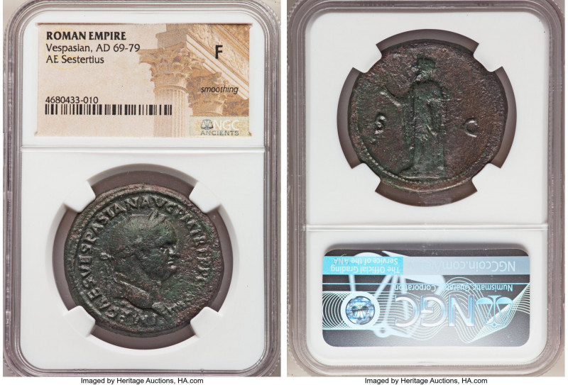 Vespasian (AD 69-79). AE sestertius (34mm, 6h). NGC Fine, smoothing. Rome, AD 76...