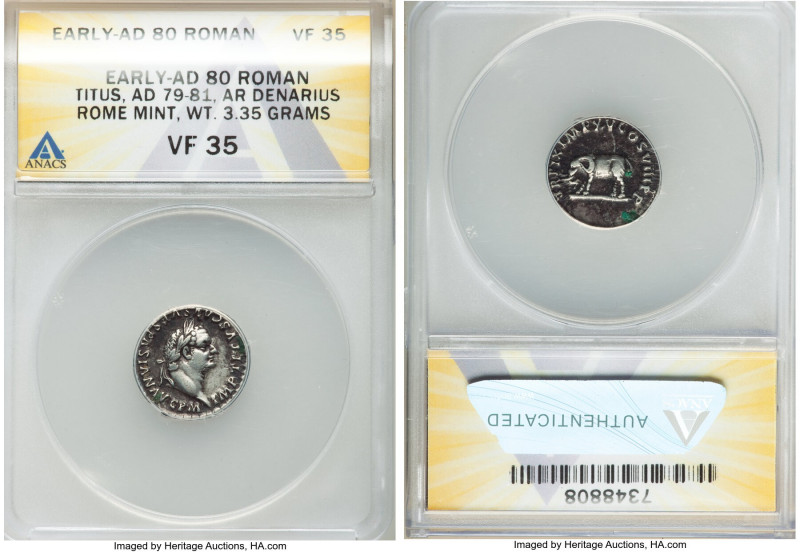Titus, as Augustus (AD 79-81). AR denarius (18mm, 3.35 gm, 6h). ANACS VF 35. Rom...