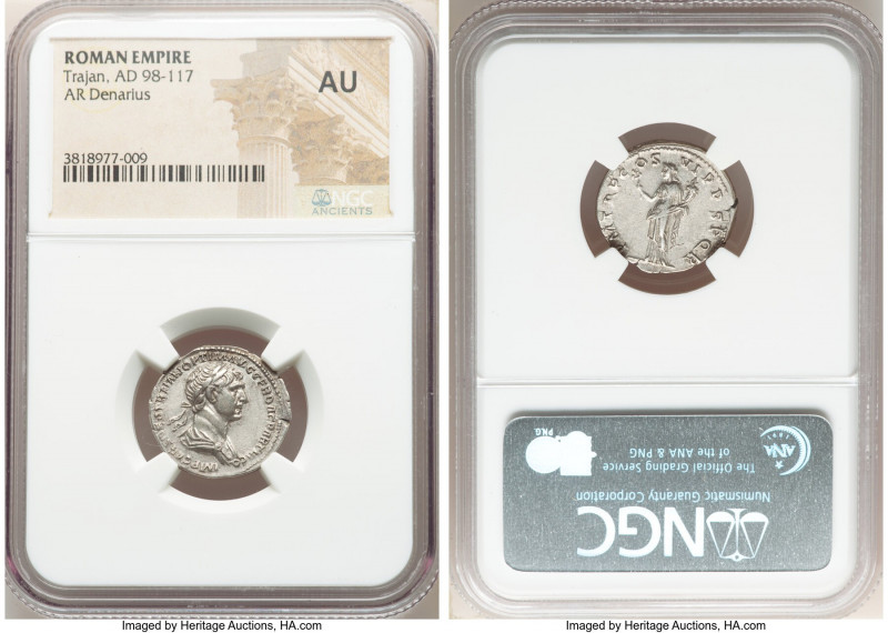 Trajan (AD 98-117). AR denarius (19mm 6h). NGC AU. Rome, AD 114-117. IMP CAES NE...