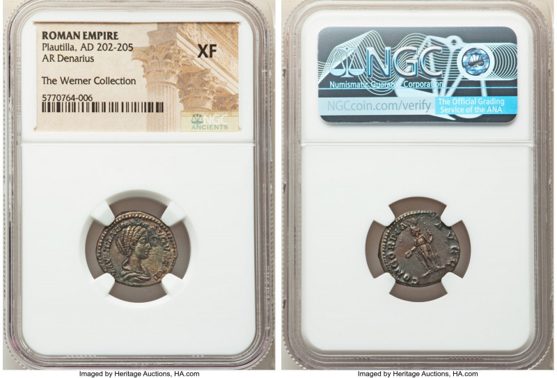 Plautilla (AD 202-205). AR denarius (18mm, 11h). NGC XF. Rome, AD 202-205. PLAVT...
