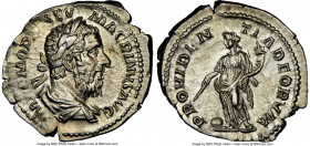 Macrinus (AD 217-218). AR denarius (21mm, 3.15 gm, 6h). NGC AU 4/5 - 3/5. Rome, AD 217-218. IMP C M OPEL SEV-MACRINVS AVG, laureate, draped bust of Ma...