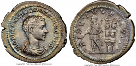 Diadumenian (AD 218). AR denarius (21mm, 2.31 gm, 1h). NGC AU 5/5 - 3/5. Rome. M OPEL ANT DIADVMENIAN CAES, bareheaded, draped, cuirassed bust of Diad...