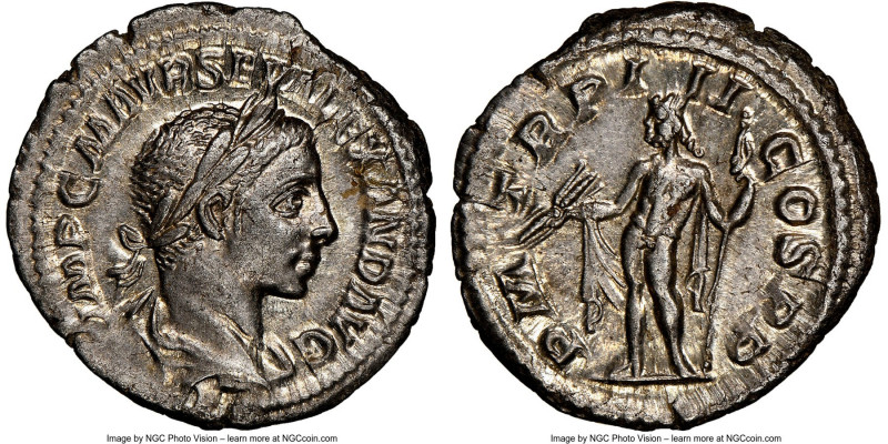 Severus Alexander (AD 222-235). AR denarius (19mm, 3.76 gm, 12h). NGC MS 5/5 - 5...