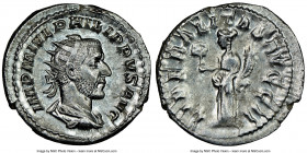 Philip I (AD 244-249). AR antoninianus (24mm, 4.55 gm, 12h). NGC Choice AU 3/5 - 4/5. Rome, AD 244-247. IMP M IVL PHILIPPVS AVG, radiate, draped, and ...