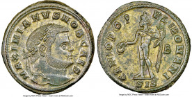 Galerius, as Caesar (AD 305-311). BI follis or nummus (30mm, 11.21 gm, 1h). NGC MS 5/5 - 4/5, Silvering. Siscia, 2nd officina, AD 299. MAXIMIANVS NOB ...