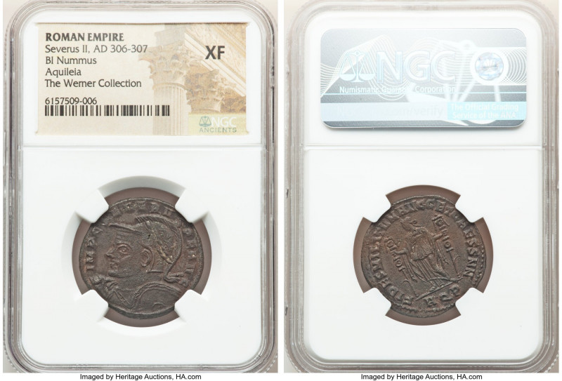 Severus II, as Augustus (AD 306-307). BI nummus or follis (27mm, 11h). NGC XF. A...