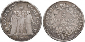 FRANCIA. I Repubblica (1794-1803). 5 franchi l'An 5 K (Bordeaux). AG (g 24,62). Gad. 563. Raro.
MB+/qBB